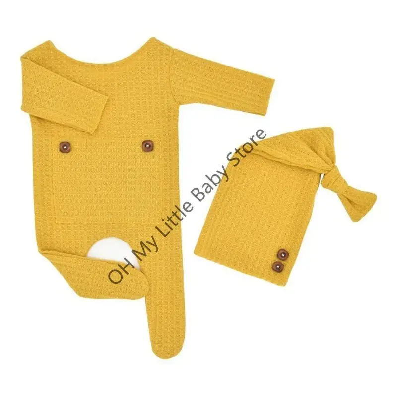 

M76C 2 Pcs/Set Newborn Photography Props Baby Boy Girl Romper Hat Set Knitted Jumpsuit Long Tail for Head Wrap Turban Beanie