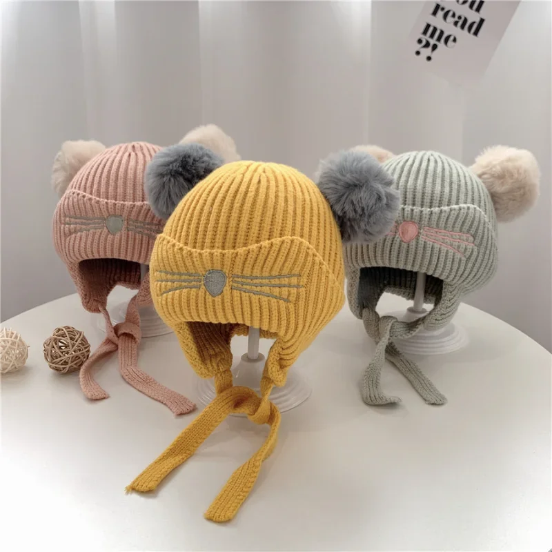 Baby Beanies Hats Children Knitted Pompon Winter Autumn Cute Cap for Girls Boys Casual Cute Cat Warm Girl Hat with Two Balls