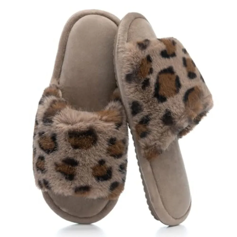 

GOEWY Women's Fuzzy Open-Toe House Slippers with Memory Foam - Leopard Print Cheetah Plush Cozy Cute Slipper Indoor/Outdoor Sof