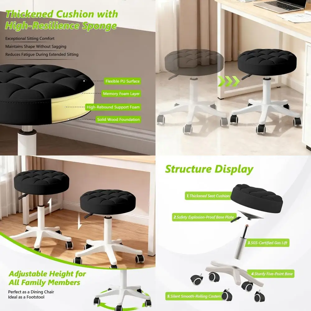 

Регулируемый по высоте круглый табурет из искусственной кожи на колесиках для дома, офиса и салона