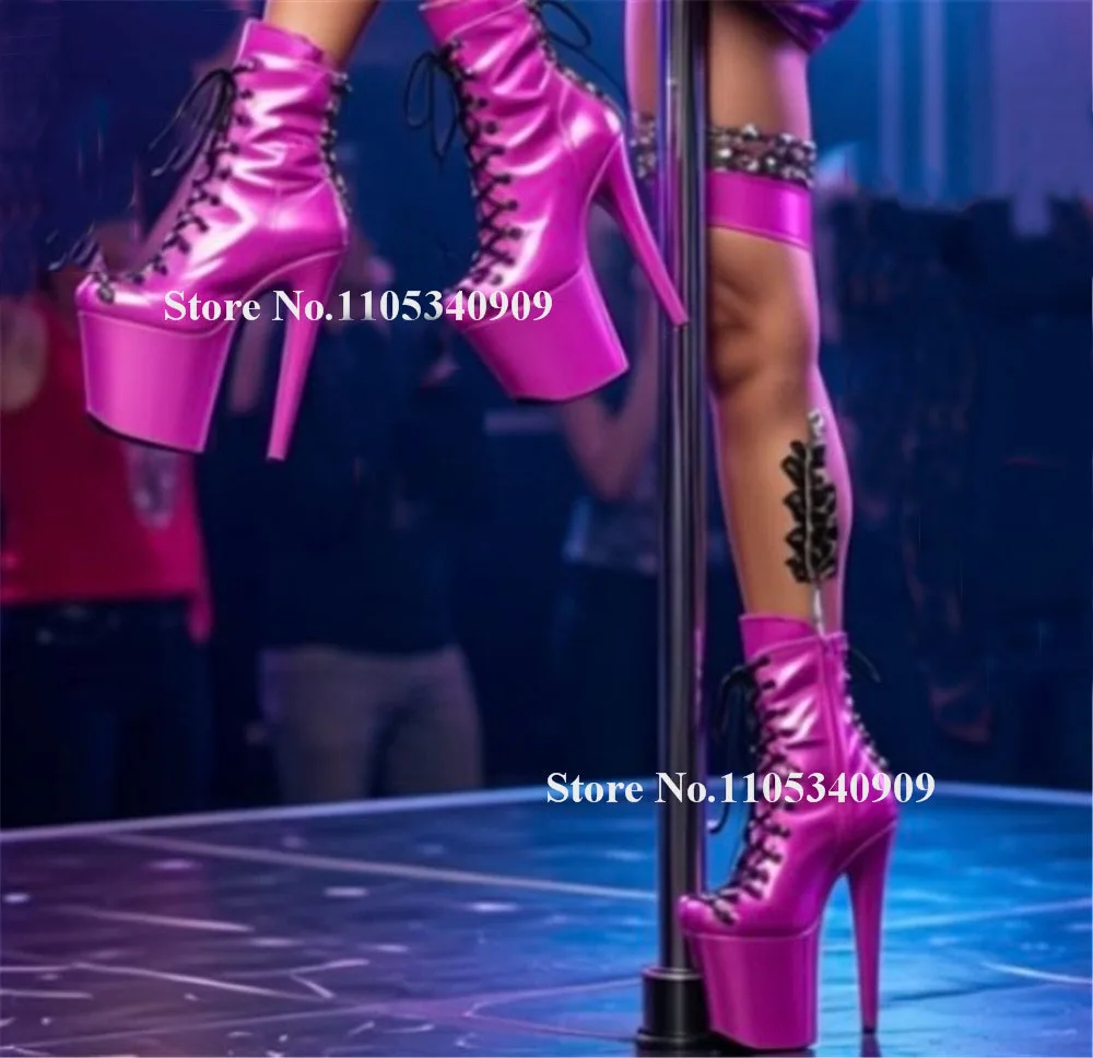 Bondarenko Strappy Buckles Cross Stiletto Heel Short Boots Sexy Round Toe Lace-up High Platform 20cm Thin Heel Stage Dance Shoes