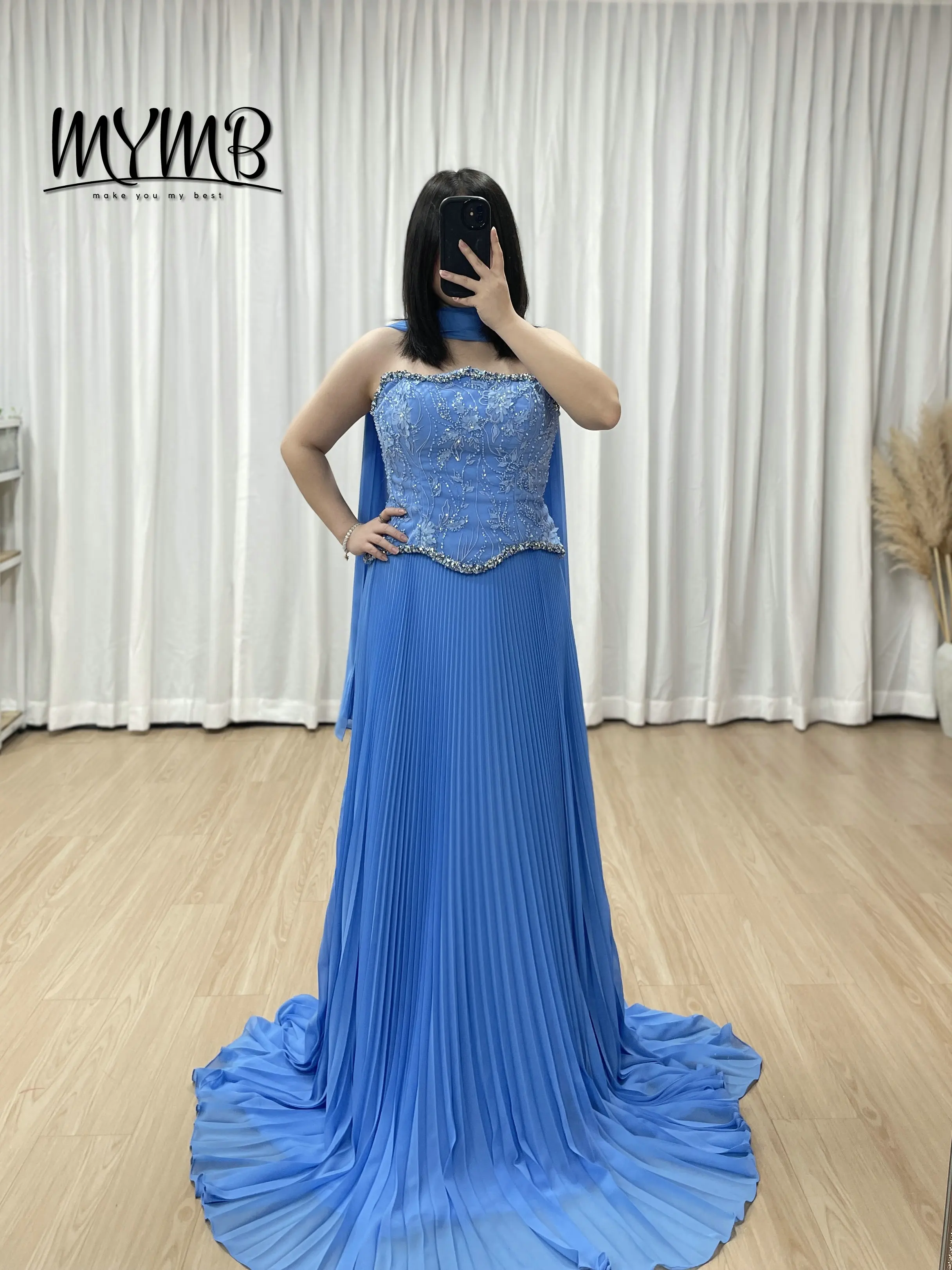 MYMB A Line Sky Blue Sleeveless Evening Gowns With Beaded Corset Top Pleated Long Skirt Elegant Prom Dresses for Wedding MB40455