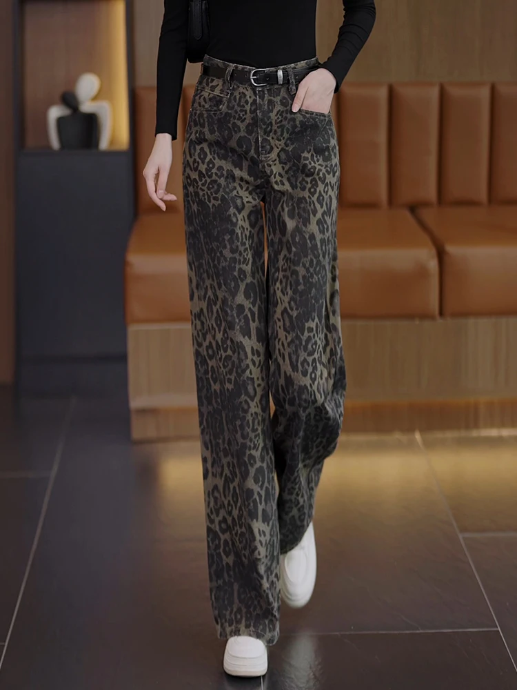 

Retro Leopard Print High Waist Wide Leg Jeans Women's Autumn Winter Loose Straight Cut Floor Length Pants Casual Commute Style