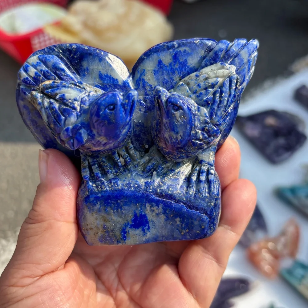 Natural Lapis Lazuli Twin Birds Hand Carved Crystal Bird Statue With Pyrite Inclusion Reiki Healing Stone Home Decor Gift
