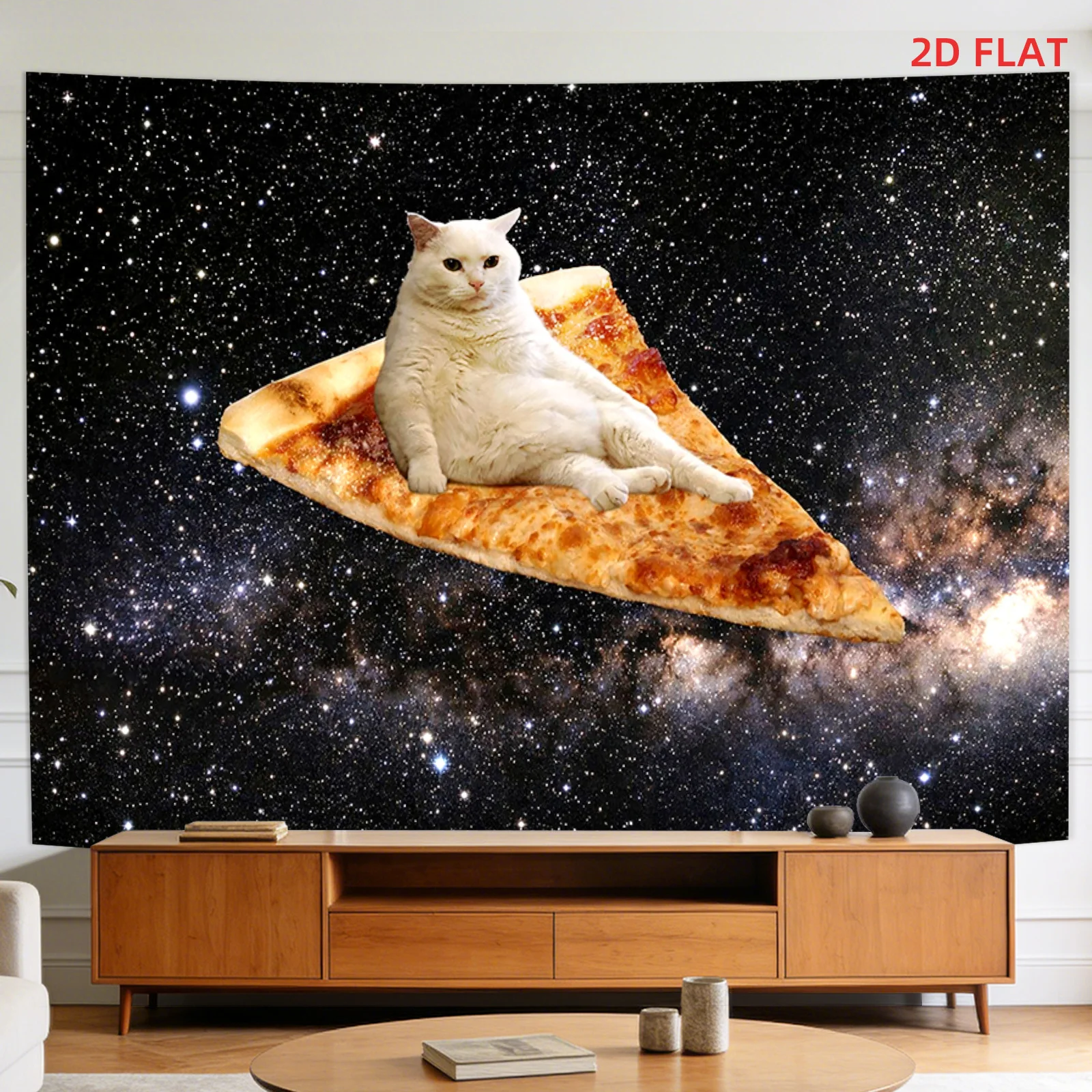 White Cat On Pizza Slice Tapestry Space Galaxy Starry Sky Wall Hanging Psychedelic Tapestry for Bedroom Living Room Home Decor