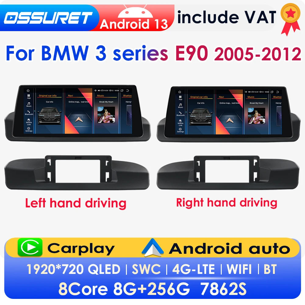 OSSURET 10,25 Zoll 2-DIN Android Autoradio für BMW 3er E90 2005-2012, Multimedia-GPS-Player, kabelloses Carplay, Android Auto, 4G, DSP, BT, Mirror Link, SWC, 360°-Kamera, Autoradio, intelligente