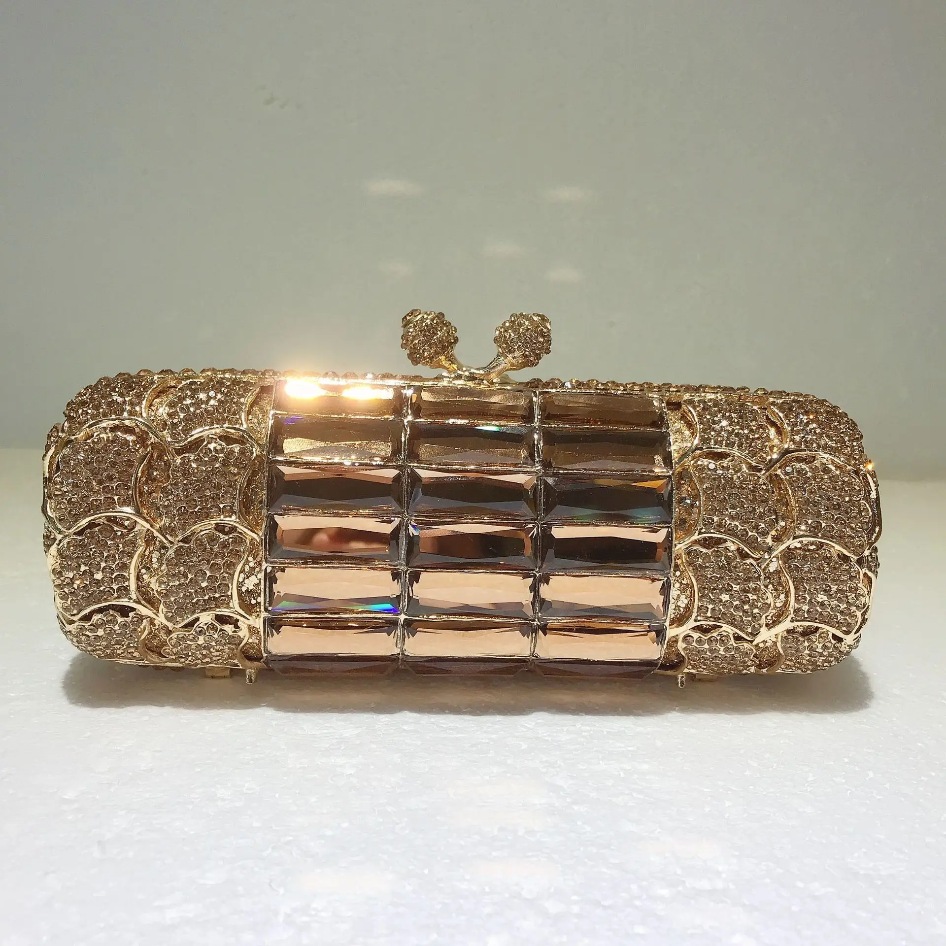 Metal Diamond Evening Bag Golden Apricot Brown Glass Diamond Clutch Bag Cylindrical Bag Luxury Designer Handbags Elegant Bag