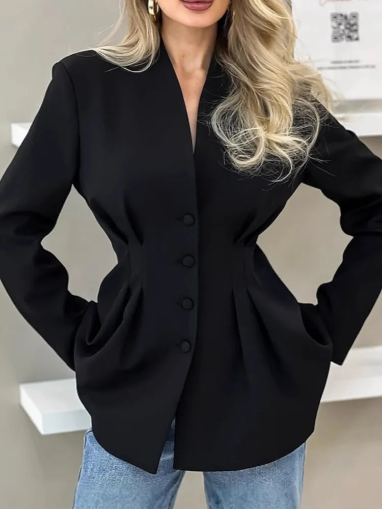 

Black Suit Women Fashion Elegant Blazer Coat V-neck Single Breasted Slim Ruched Jackets 2025 New Autumn Office Casual Outerwear