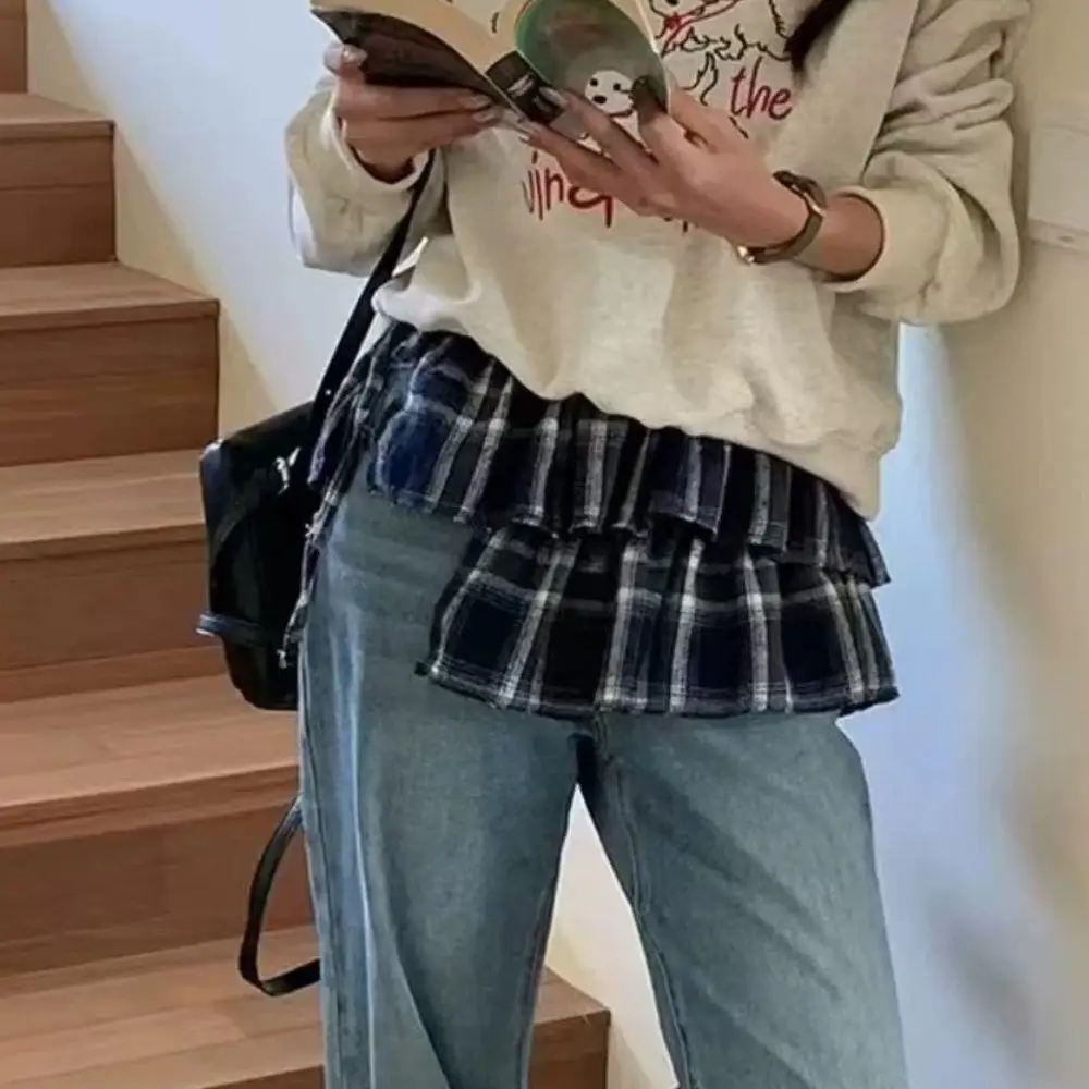 레트로 더블 레이어 격자 무늬 짧은 스커트 한국어 a 라인 레이어드 스커트 Y2K 앞치마 랩 스커트 봄 새로운 넥타이 매운 소녀 앞치마 새로운