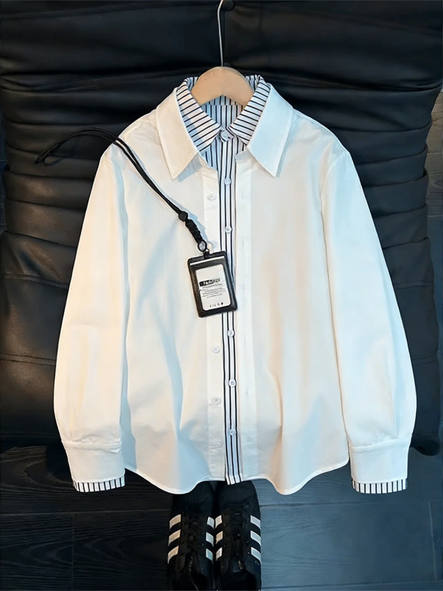 

Мужская рубашка с длинным рукавом в полоску и пэчворк, весна 2026, новая модель, повседневная, свободного кроя, дышащая, из полиэфирного волокна, на пуговицах