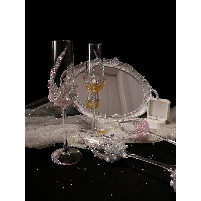 Wedding toast glass, wedding birthday gift, champagne glass, non-oxidizing rhinestone art cup DIY material package