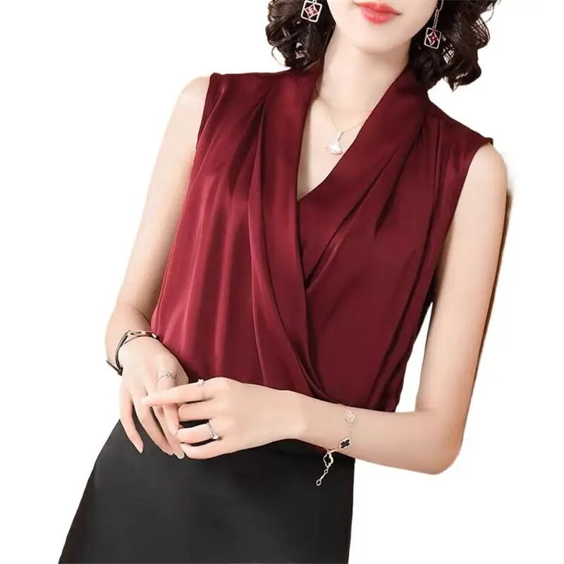 Fashion Chiffon Shirt Women Summer elegant OL style artificial silk Vest Sleeveless V-neck Acetate satin Tops blusones de mujer