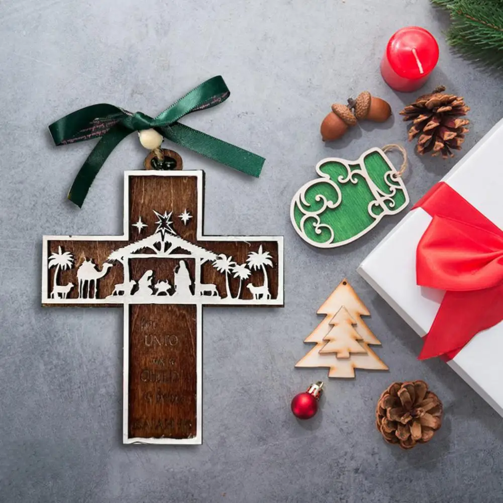 12*8cm Nativity Cross Scripture Christmas Ornament Wooden Scene Pendant Xmas Tree Hanging Decoration For Home Family Blessings