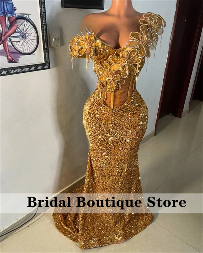 Sparkle Golden Aso Ebi Prom Dresses 2026 Black Girls Off Shoulder Crystals Appliques Sequins Formal Prom Party Gowns Customized