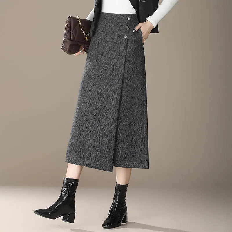 2026 New Irregular Woolen Skirts Female Autumn and Winter High Waist Split One-step Skirt Women Solid Color Pocket Skirt U492