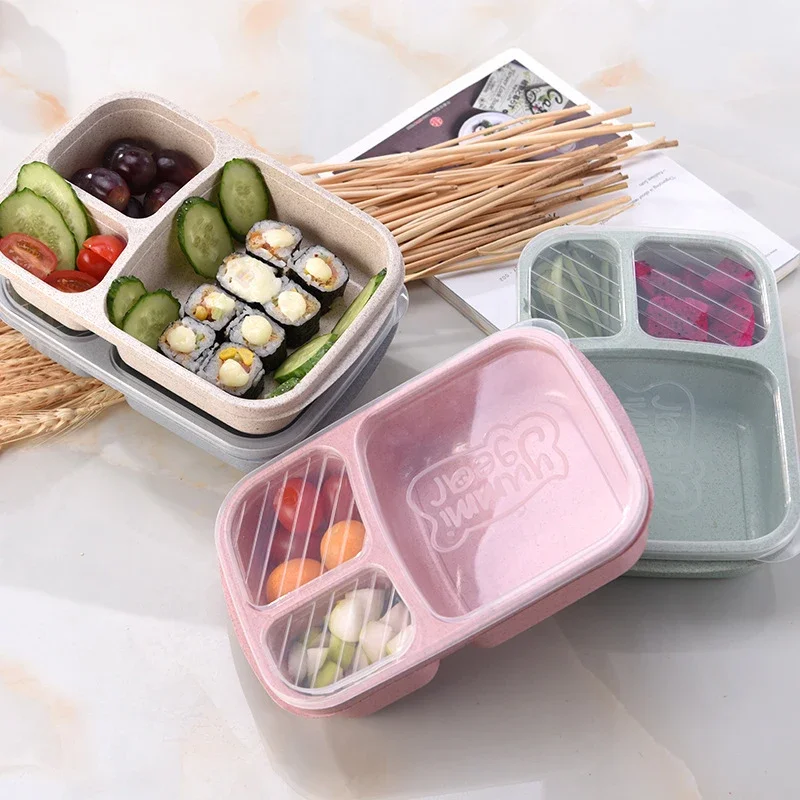 Wheat Straw Lunch Box 3-Compartment Plastic Bento Box Microwavable Meal Storage Food Container Boxes Divided Light Food Box