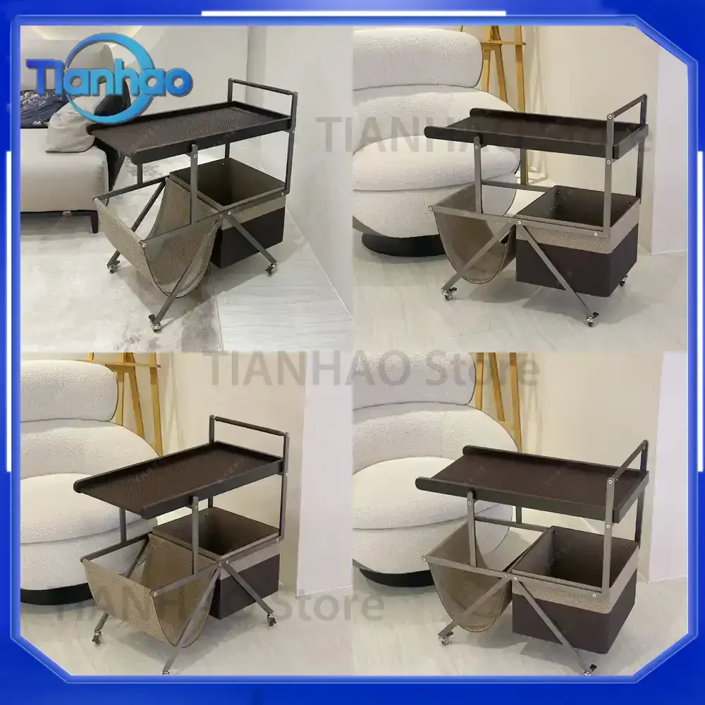 Vintage Woven Saddle Leather Cart with Solid Wood Frame Side Table for Living Room Sofa Wabi Sabi Style Mobile Storage Tea