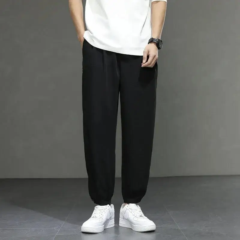 Men's 2024 Summer New Ice Silk Splicing Elasticized High-waisted Pocket Fashion Solid Color Loose Straight Sports Leisure Pants