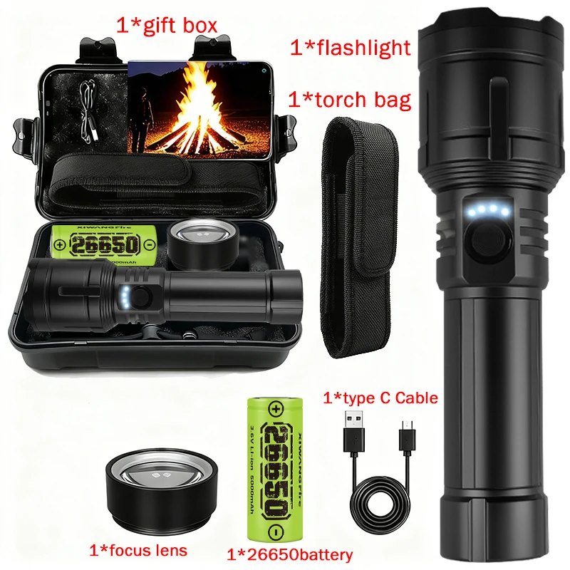 Taschenlampen-Feuerzeug- und Powerbank-Kombination, wiederaufladbar, zoombar, superheller Strahl, 5 Modi, Taschenlampe für Outdoor-Camping-Notfälle