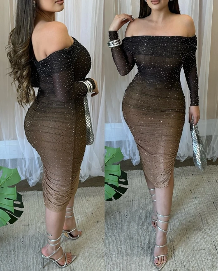 Elegant Dresses for Women Luxury Ombre Rhinestone Off Shoulder Sheer Mesh Ruched Slim Fit Bodycon Dress Long Sleeves Party Dress