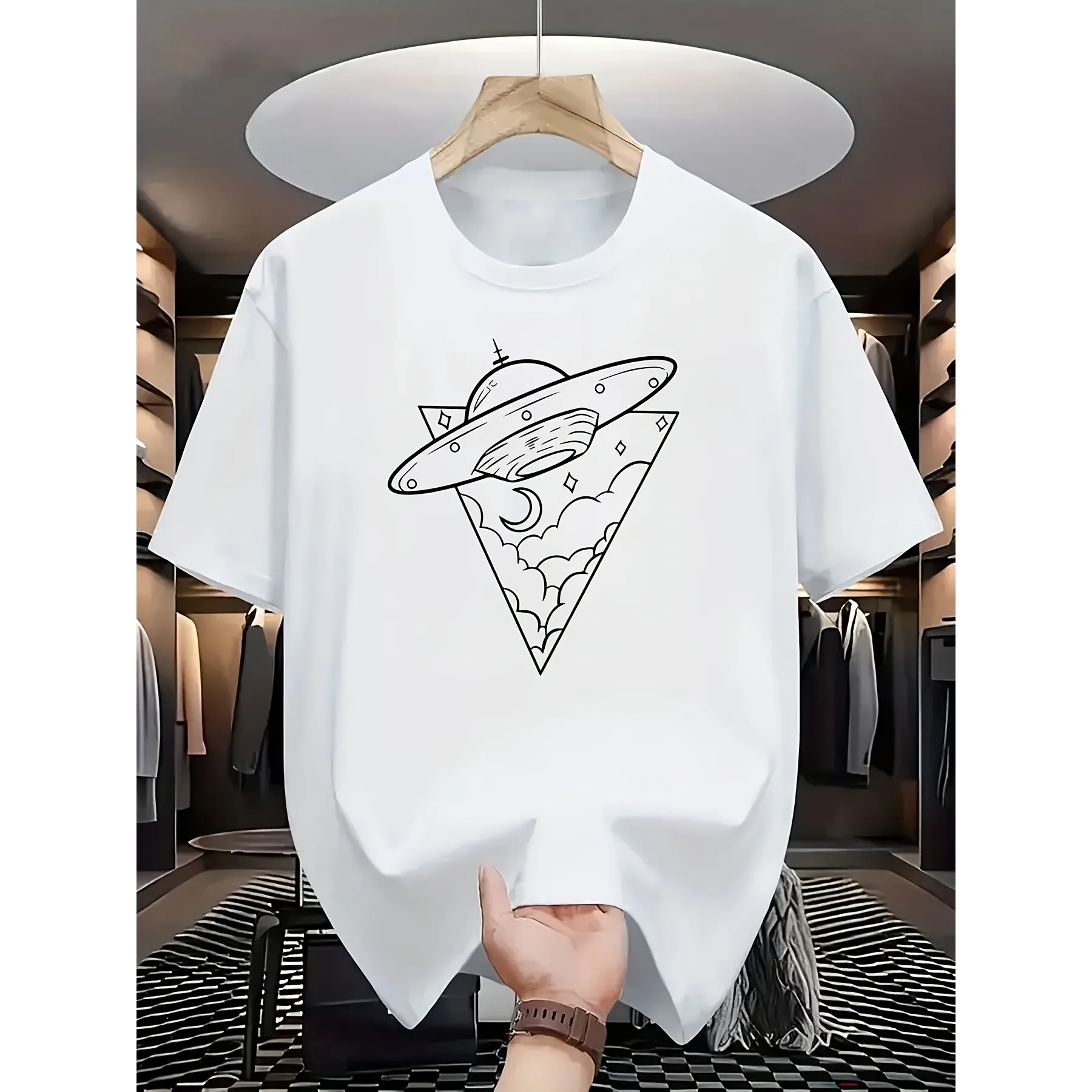 UFO Alien Spaceship Graphic Tee Geometric Triangle Moon Print Breathable Cotton Casual T-Shirt