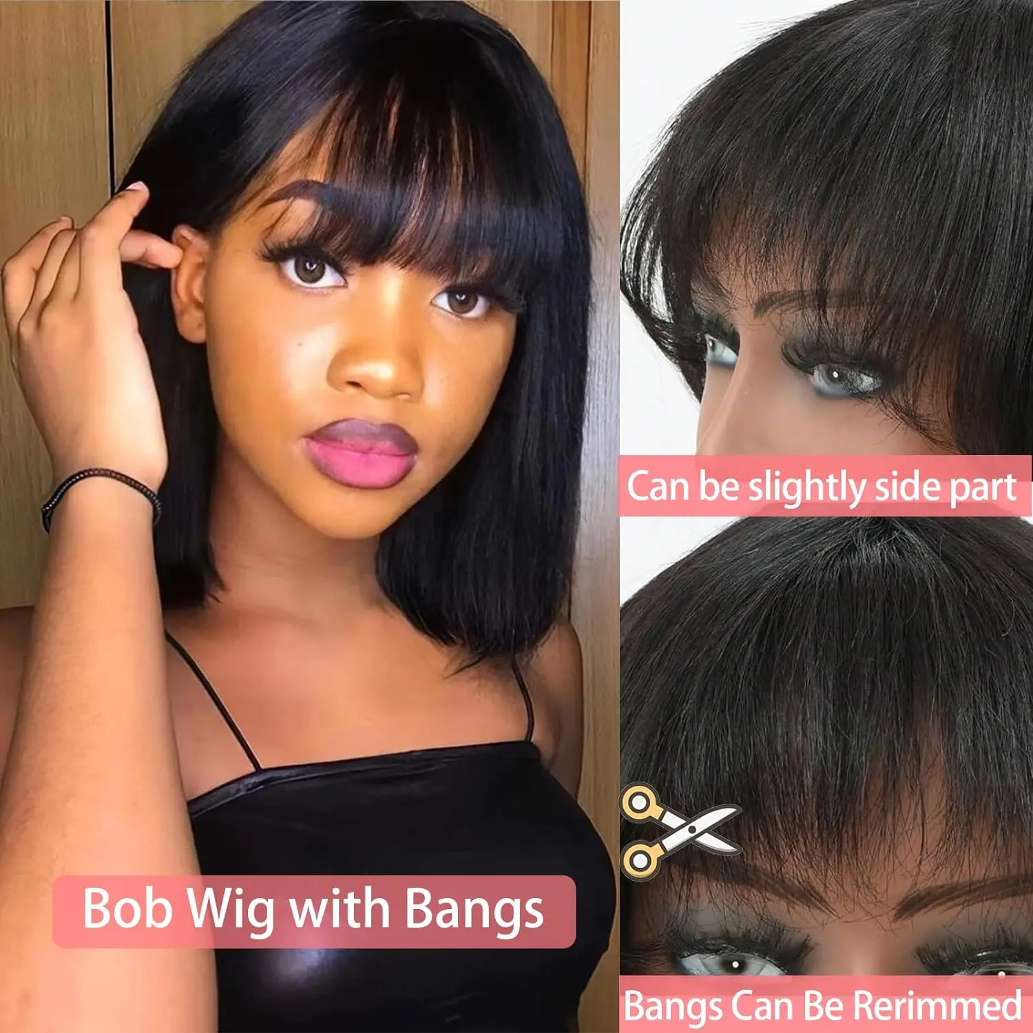Straight Human Hair Bob Wigs With Bang Full Machine Made Wigs 3x1 Middle Part Lace Wig Brazilian Natural Color 16 Inch For Women image 5