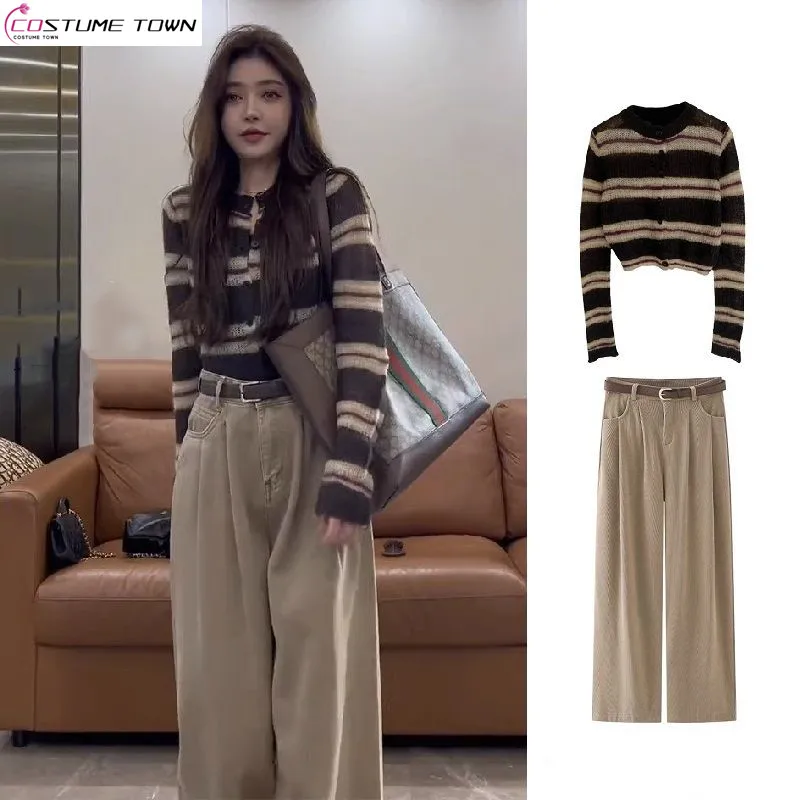 Autumn and winter casual fashion Hong Kong style small fragrance striped knitted cardigan sweater wide leg pants two-piece set