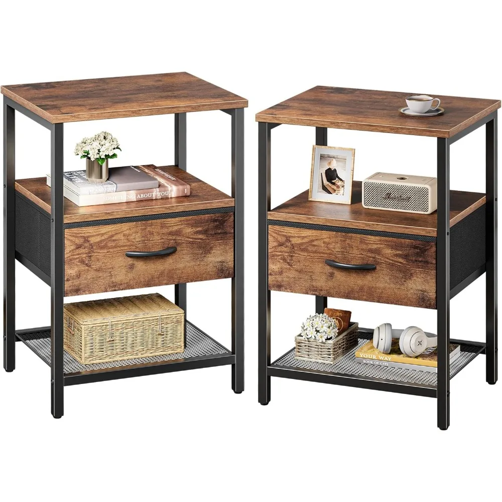 

Set of 2 Nightstands with Fabric Drawer, Mesh Shelf, and Metal Frame for Bedroom Storage in Rustic Brown