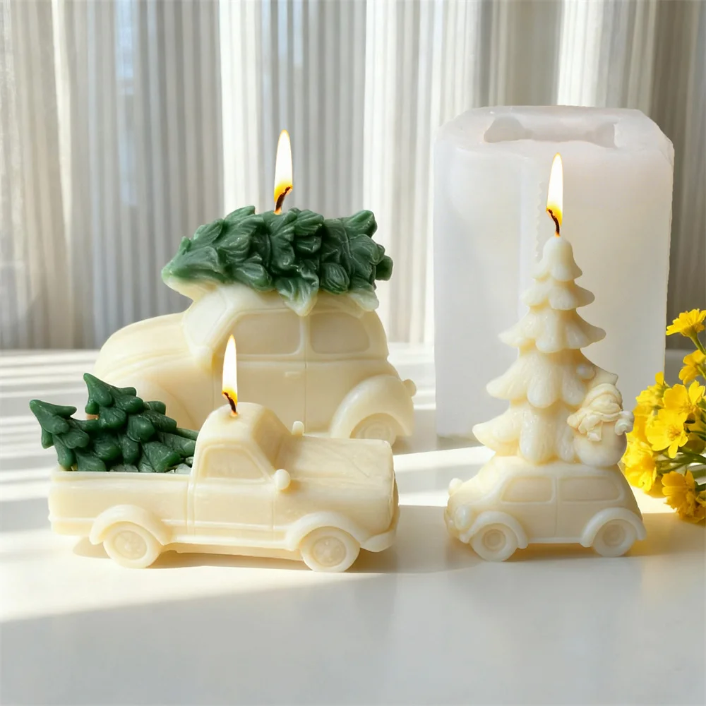 Coche con árbol de Navidad, molde de vela, coche 3D con pino, jabón, molde de resina para decoración navideña, regalo de decoración navideña para el hogar