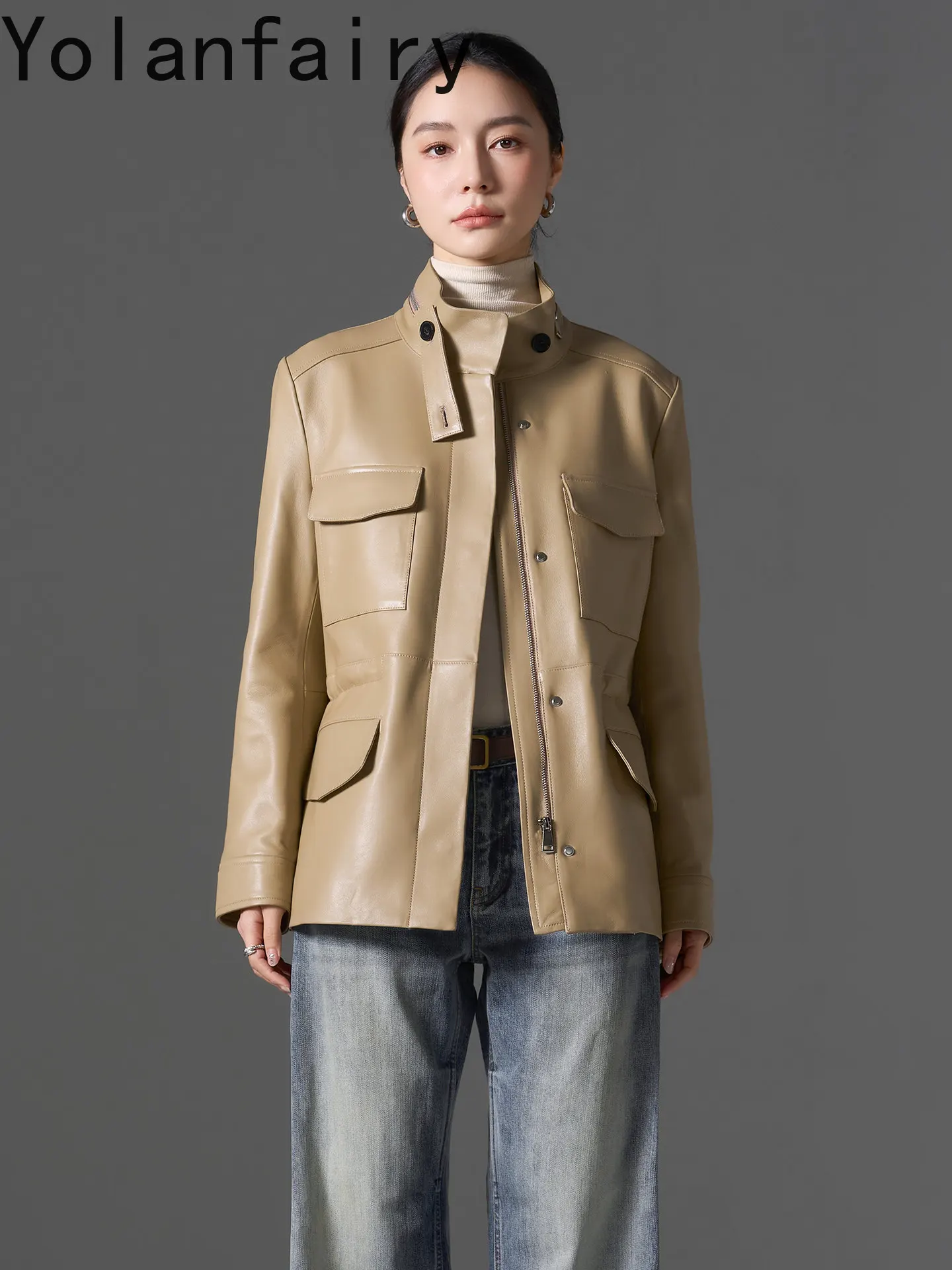 YOLANFAIRY 100% Sheepskin Genuine Leather Jacket Women Elegant Waisted Woman Leather Coats Stand Collar Fashion casaco feminino