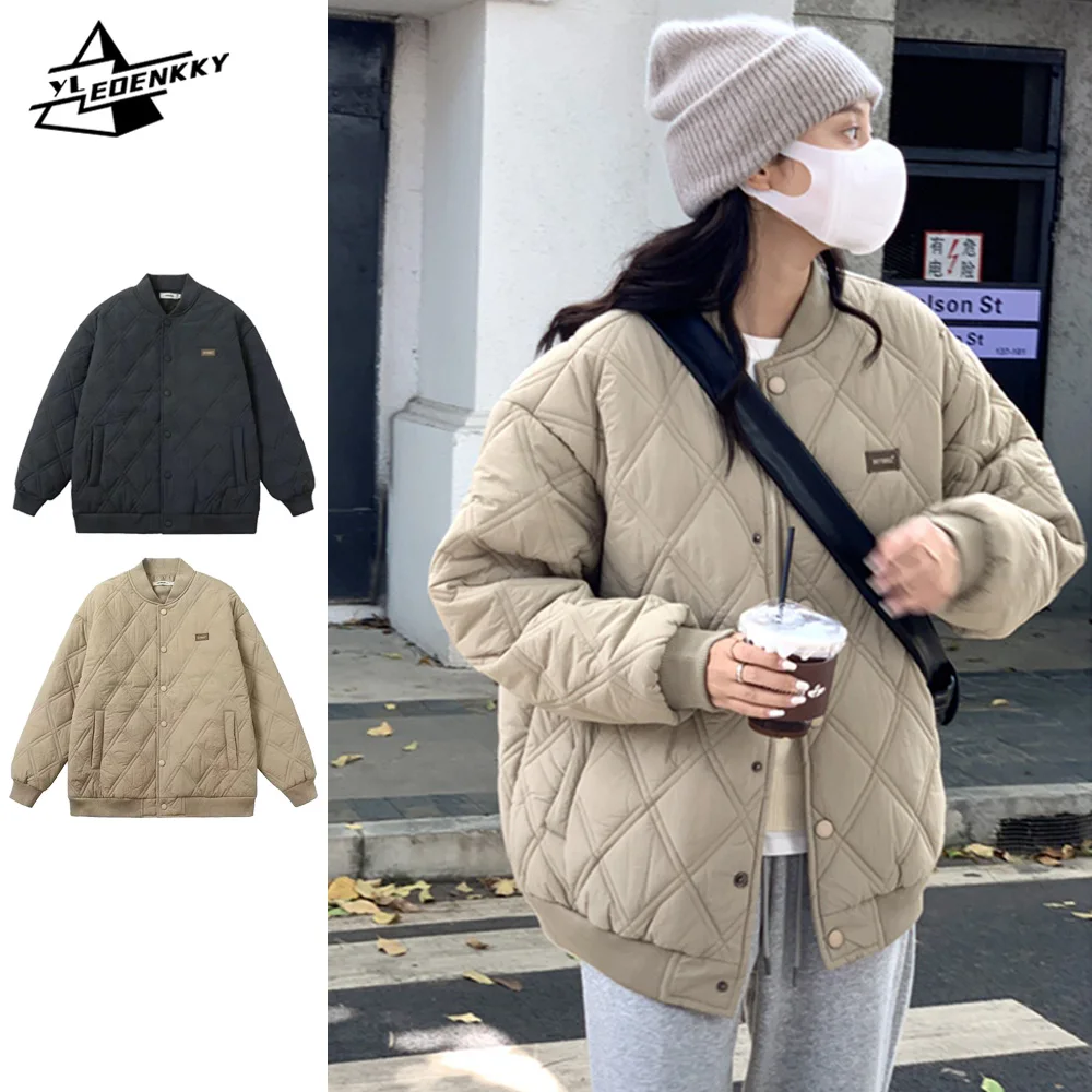 Lightweight Cotton Coat Women Men Quilted Diamond Lattice Padded Loose Parka Korean Winter Casual Jacket Couple Unisex Tops 2024