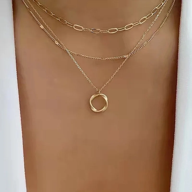 

Gold Color Multi Layered Chains Necklace for Women Girls Circle Pendant Vintage Necklaces Fashion Jewelry Gifts