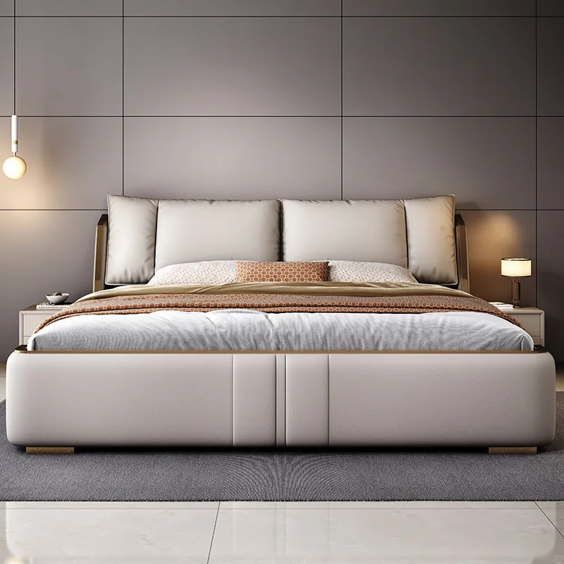 Leather bed household solid wood soft bag storage wedding bed modern single double bed