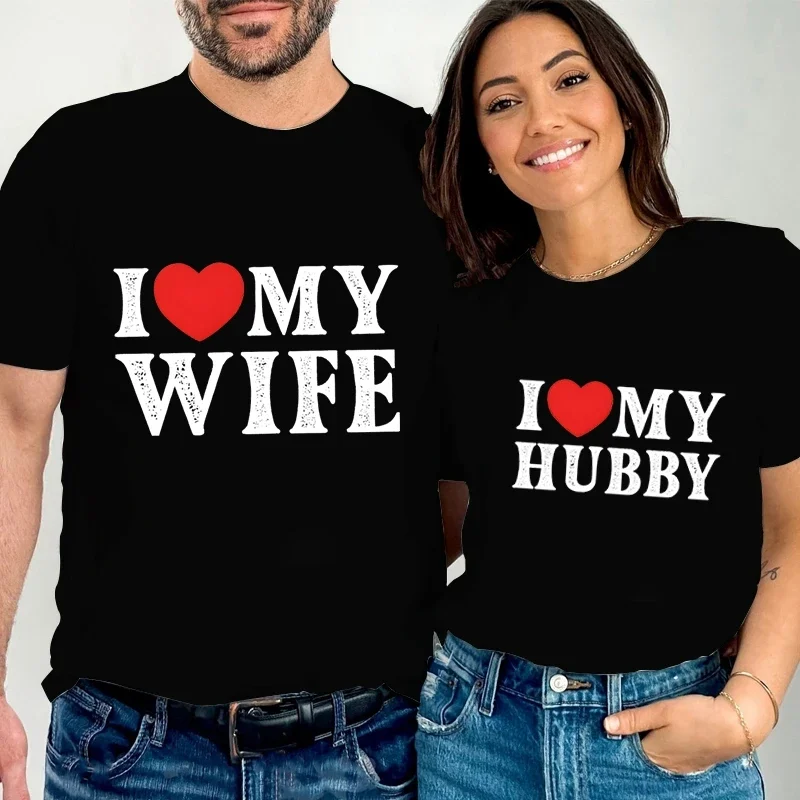 

I Love My Wife I Love Hubby Print Couple T Shirt Summer Short Sleeve Loose Women Men Tee Shirt Funny Heart Lovers Couple Tshirt