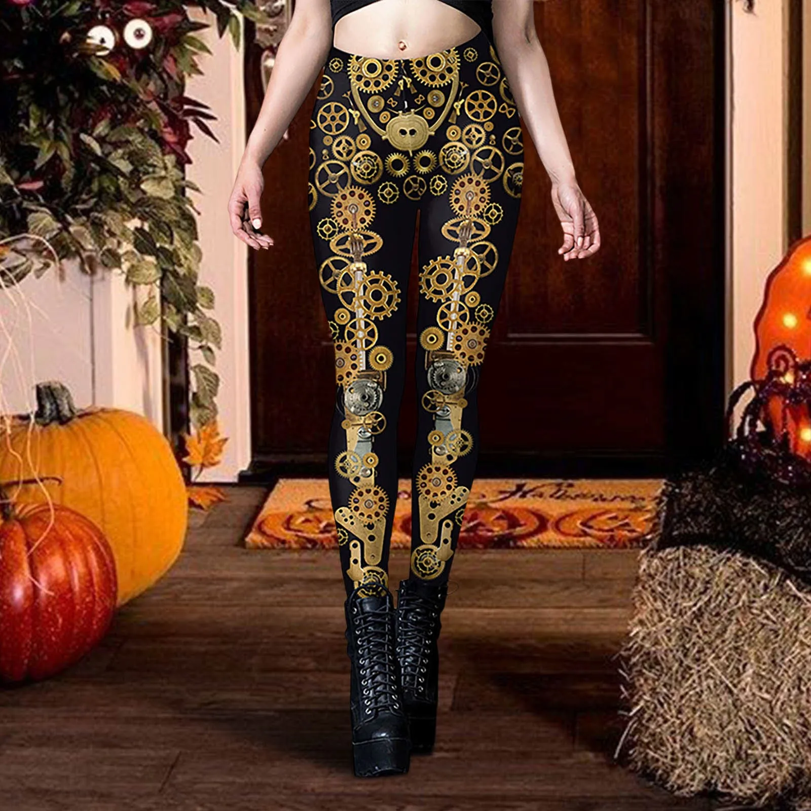 Legging kostum Halloween wanita, celana ketat olahraga pinggang tinggi elastis kontrol perut celana pengangkat bokong celana grafis Kawaii