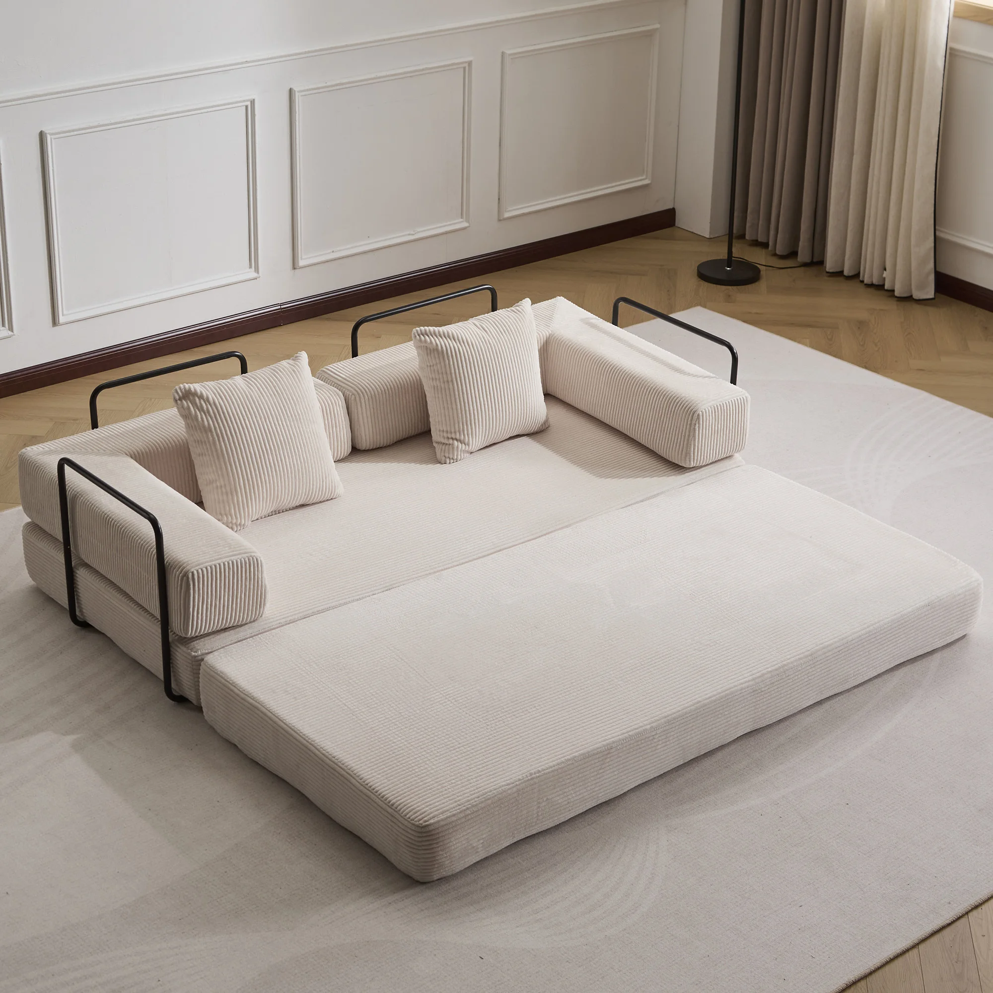 Komprimierbares Schlafsofa, Beige, Keine Montage Nötig, Faltbare Bodencouch, Weiches Zweisitzer-Sofa für Wohnzimmer