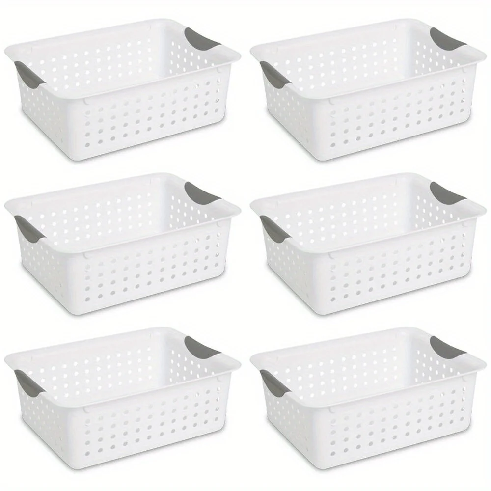 Medium Ultra Plastic Storage Organizer Basket with Handles, (6 Pack)