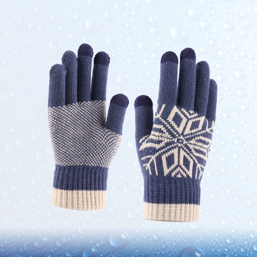 

1 Pair Of Screen Cashmere Warm Full Finger Thicken Knitted Winter Printed Gloves Mittens For Outdoor Navy Blue