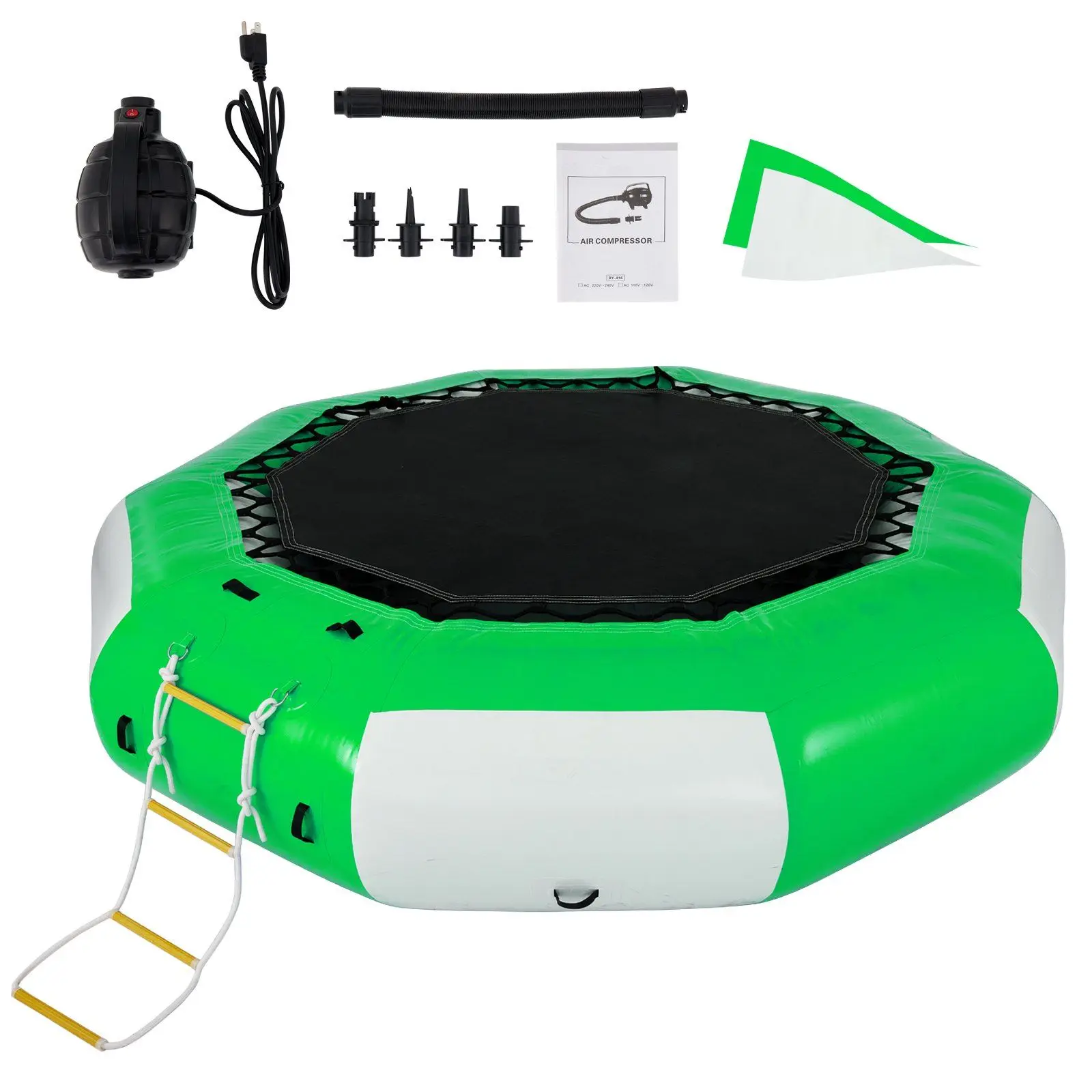 

10FT Inflatable Water Trampoline – Round Bouncer w/ 4-Step Ladder – Green & White for Lake/Pool Water Sports (Heavy-Duty PVC)