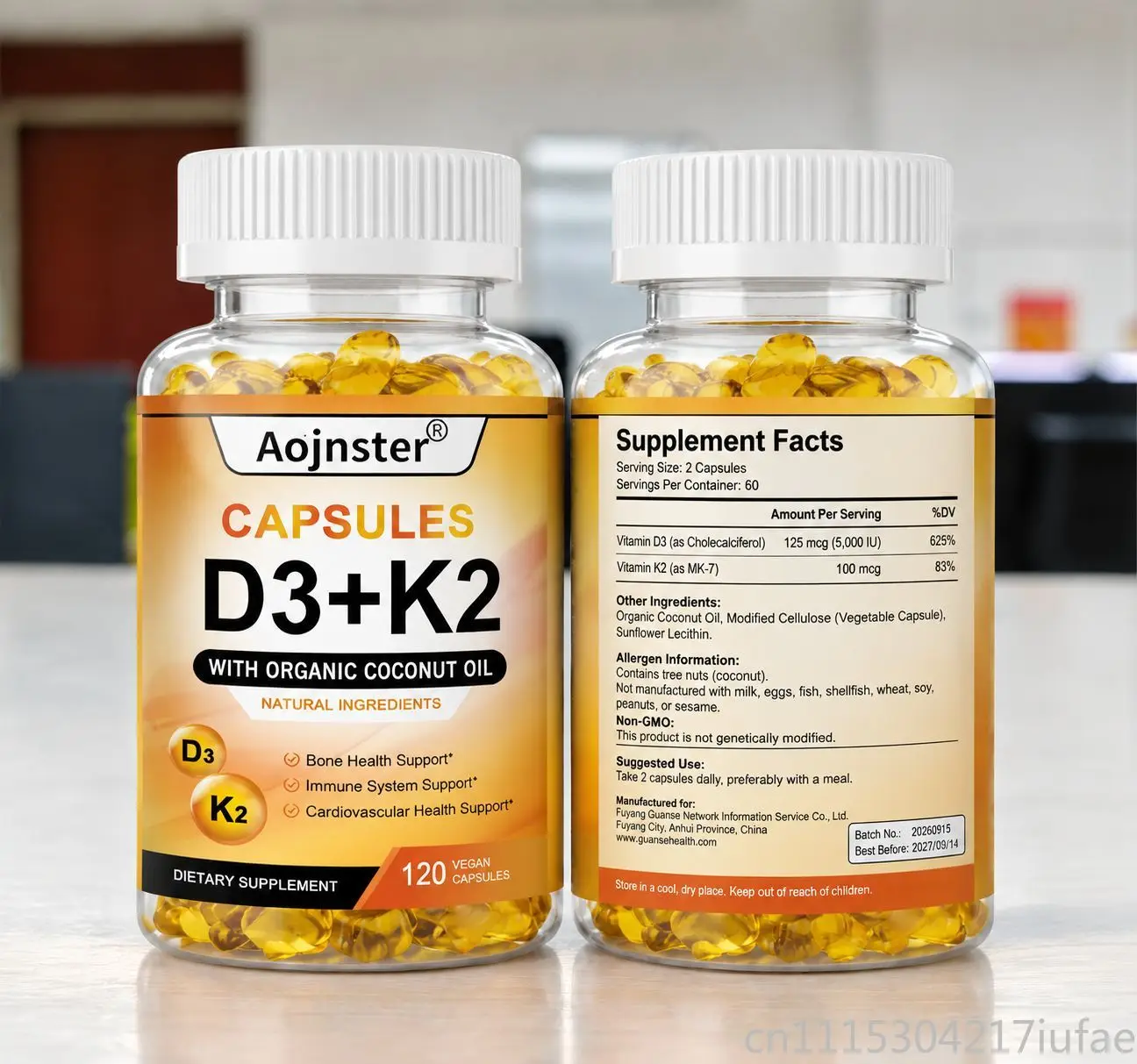 Vitamin D3+K2 Capsules Organic Coconut Oil for Seniors Boost Calcium Absorption Support Bone Density & Joint Health 120 Vegan