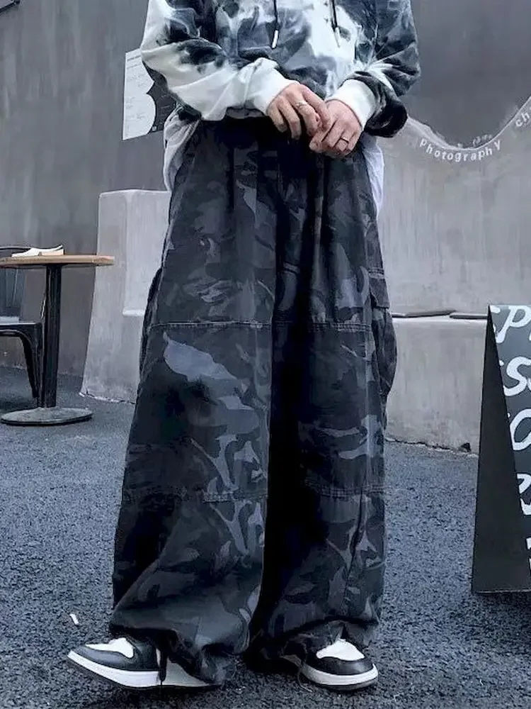 

Baggy Pockets Straight Cargo Pants Women High Waist Streetwear Loose Wide Leg Pant Vintage Casual Goth Harem Trousers