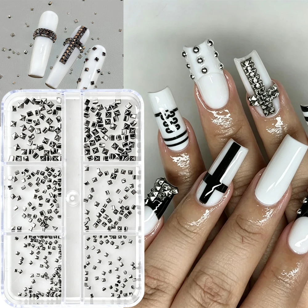 6Grids Gun Black Square Rivet Nail Charms 3D Punk Metal Gold Silver Cone Studs Nail Accessories Y2k Flatback Mini Conical Decora