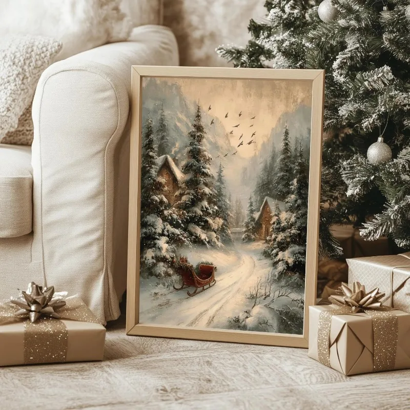 Vintage Winter Snowy Mountain Canvas Wall Art Sleigh Forest Scene Rustic Christmas Holiday Wall Print Unframed Canvas Poster