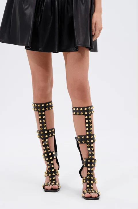 Women's Black Gladiator Sandals Gold Studs Decor Open Toe Stiletto High Heel Buckle Strap Fashion Party Evening Shoes