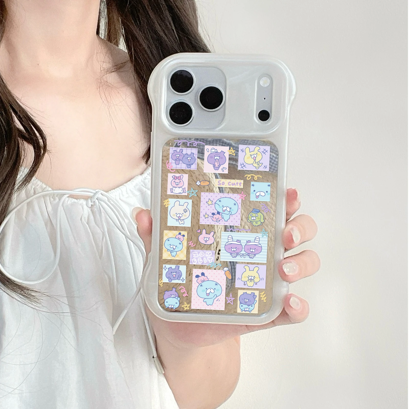Cute Pastel Square Cartoon Sticker Mirror Phone Case White Wavy Frame Soft TPU Shockproof Shell For iPhone 13-17 Pro Max