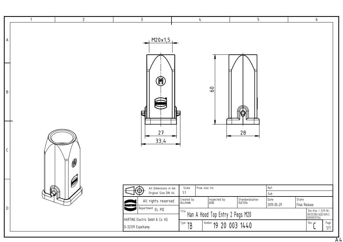 2 pezzi 19200031440 linea di espulsione HARTING HAN 3A M20 custodia superiore in metallo fibbia singola