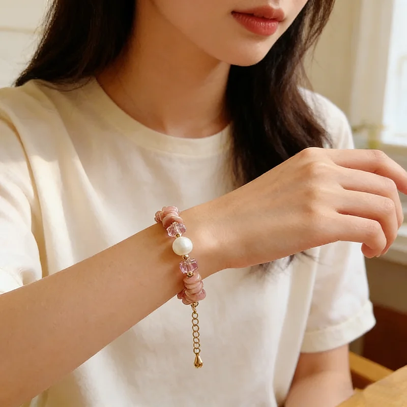 Retro Unregelmäßiges Rosa Naturstein-Perlenarmband für Damen Süßes Accessoire Modischer Schmuck 2026 Trendiges Handgelenk-Accessoire – Detail 10