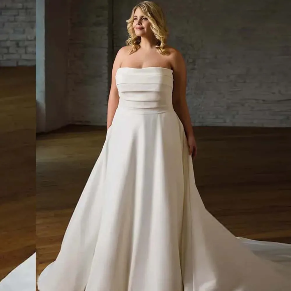 

Plus Size Wedding Dresses For Bride Strapless Open Back A-Line Bridal Gowns Off shoulder Lace Applique Brides dress Customized