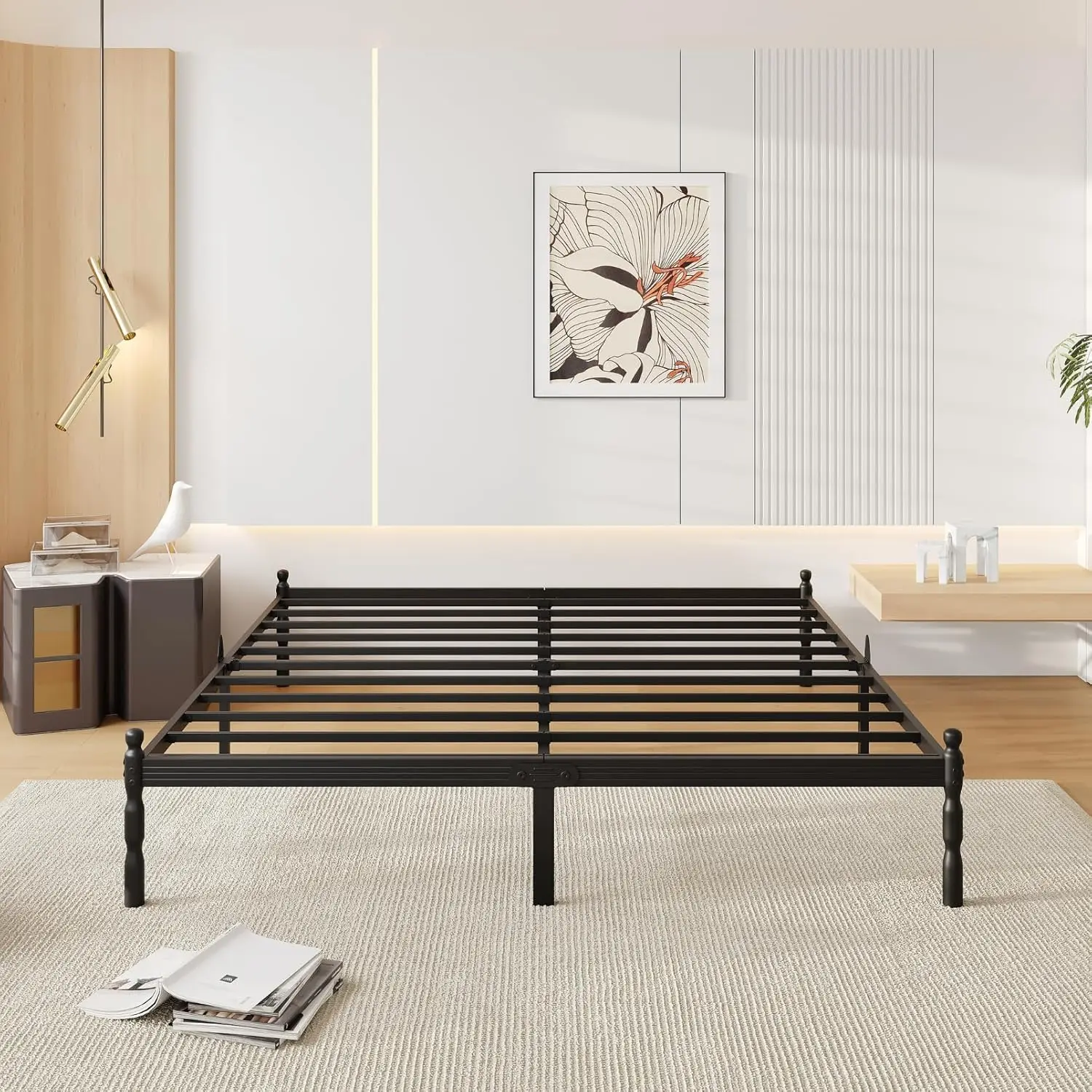 

Каркас кровати King-size 18 дюймов, прочная металлическая платформа с противоскользящим покрытием для предотвращения смещения матраса, место для хранения, возможность индивидуальной настройки