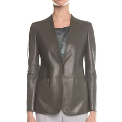 Blazer en cuir véritable pour femme, peau de mouton authentique, bouton marron, manteau uni